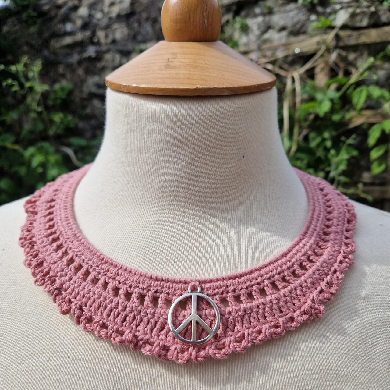 Crochet Boho Dusky Pink Collar Necklace With Peace Depop