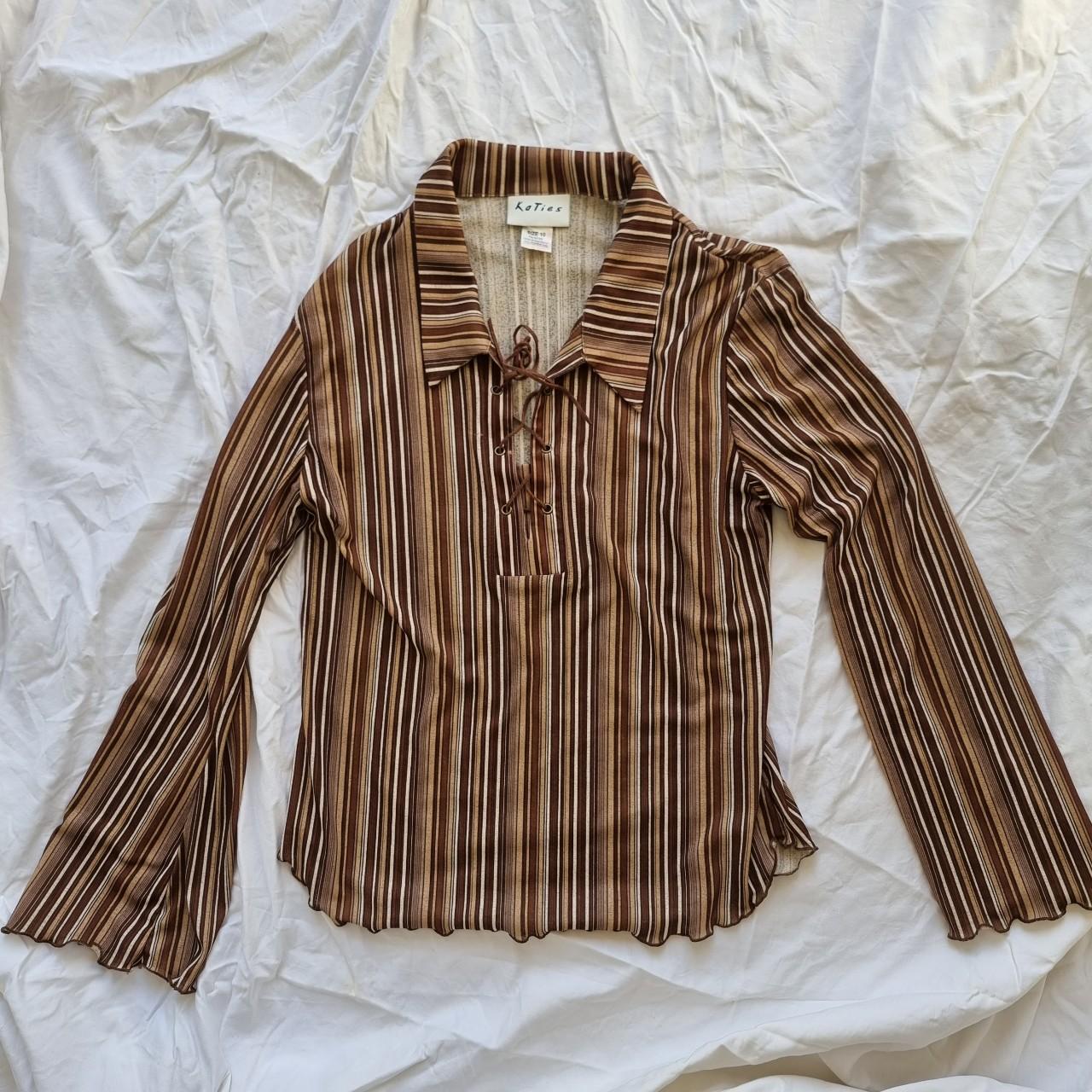 Vintage 90s Katies long sleeve brown striped top... - Depop