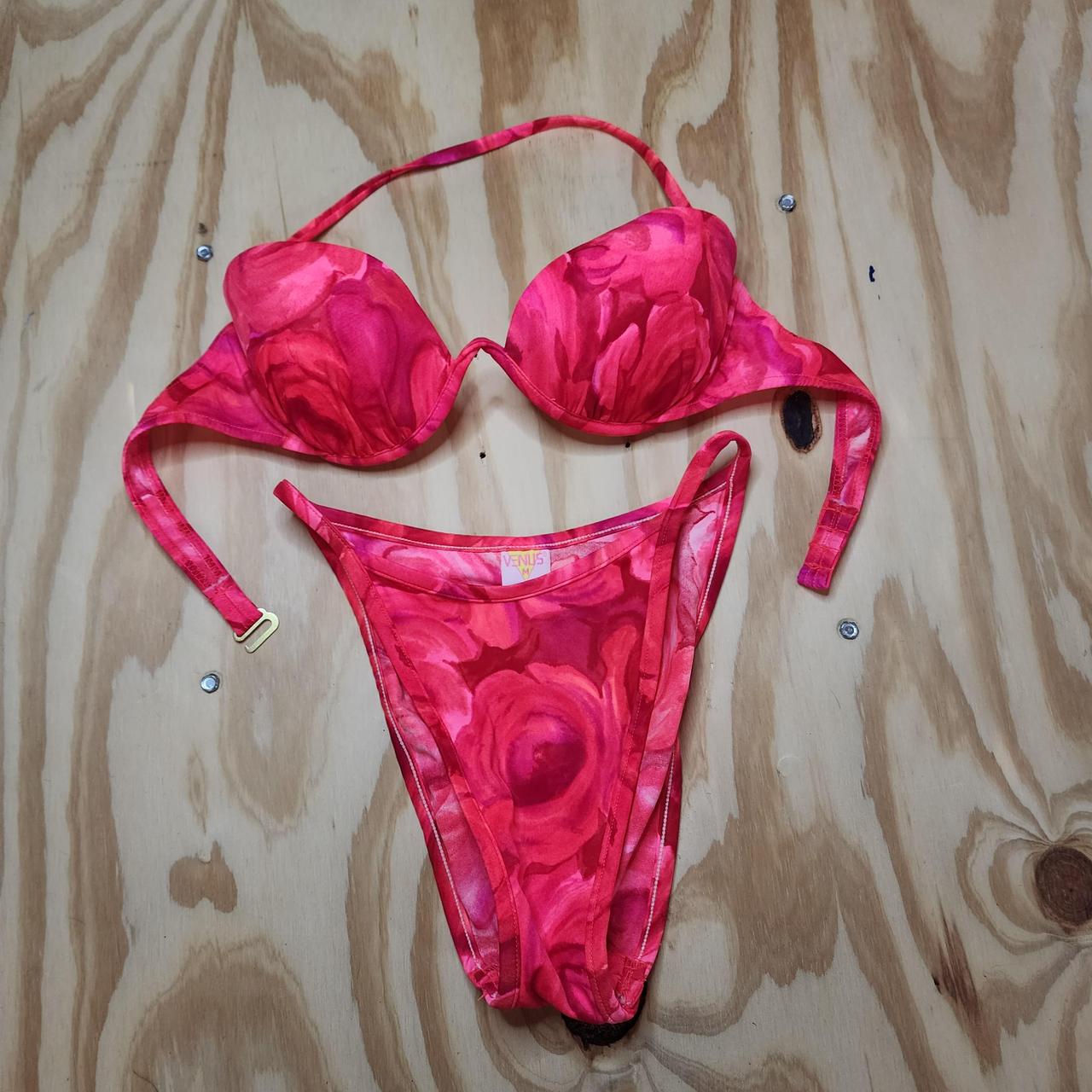 Vintage 90s Venus hot pink rose print brand bikini... - Depop
