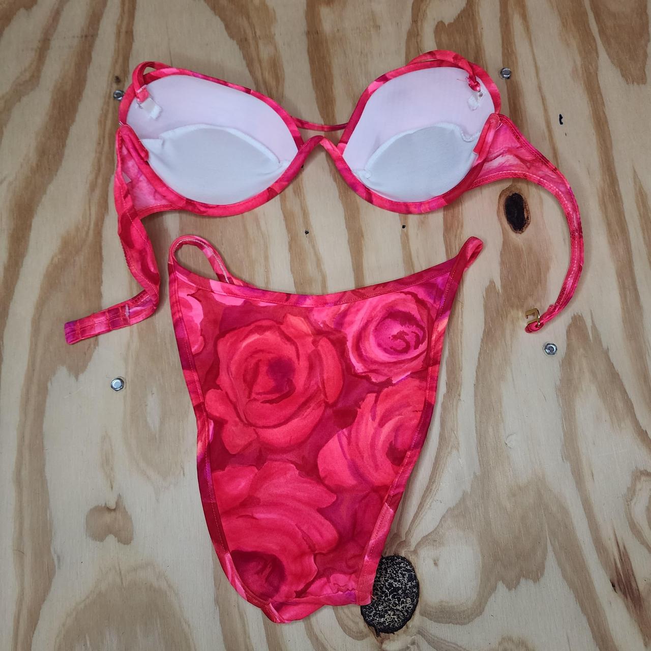 Vintage 90s Venus hot pink rose print brand bikini... - Depop