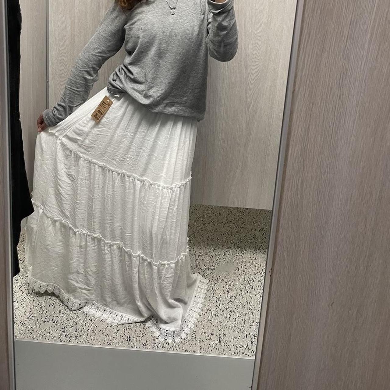 White tiered maxi skirt with elastic waistband and... - Depop