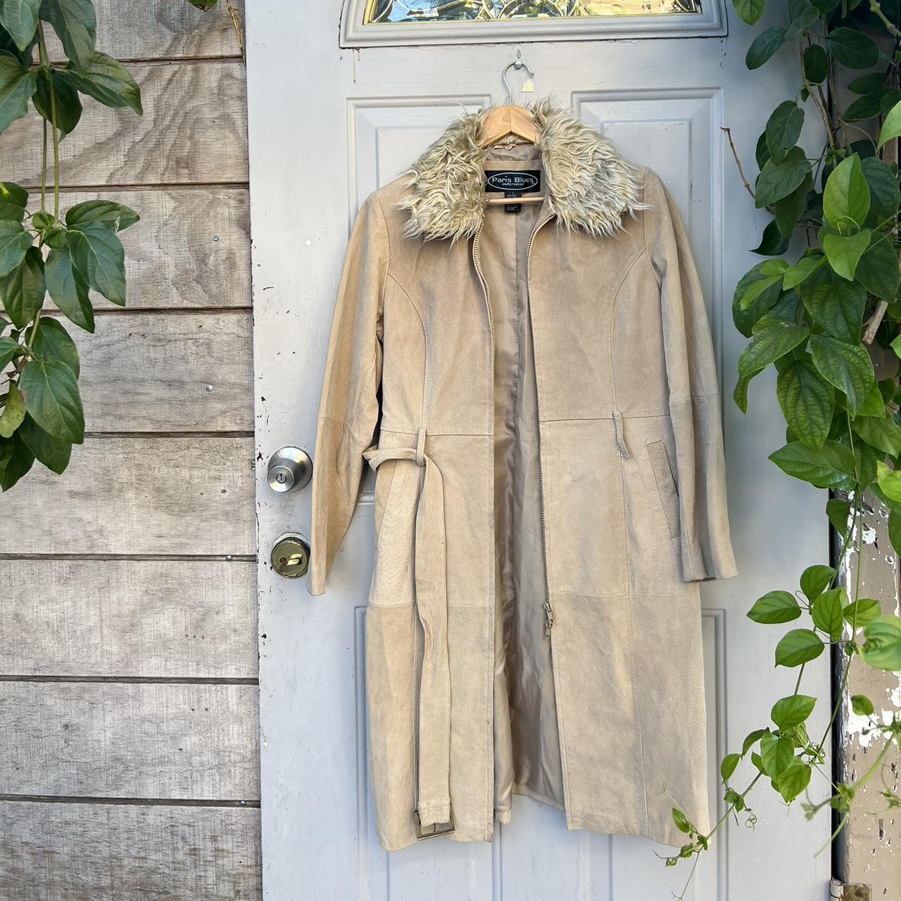 Tan and cream leather jacket with faux fur