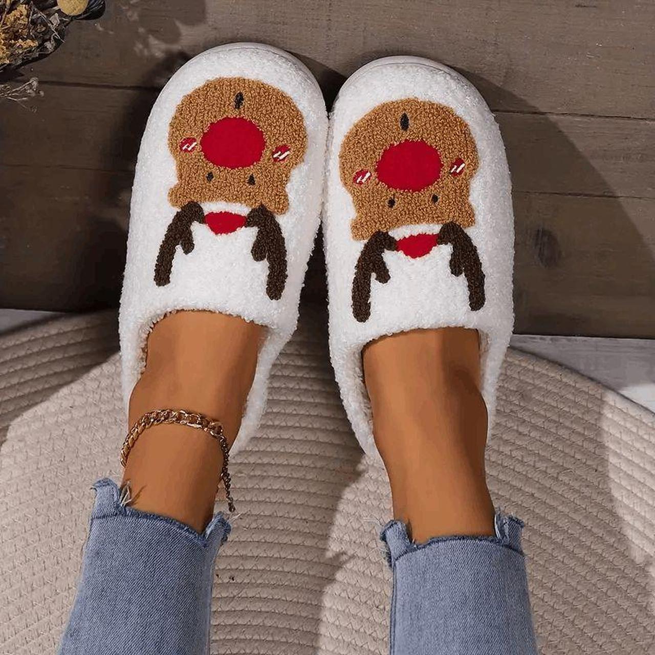 Reindeer Christmas Fuzzy Smiley Face Slippers Size Depop