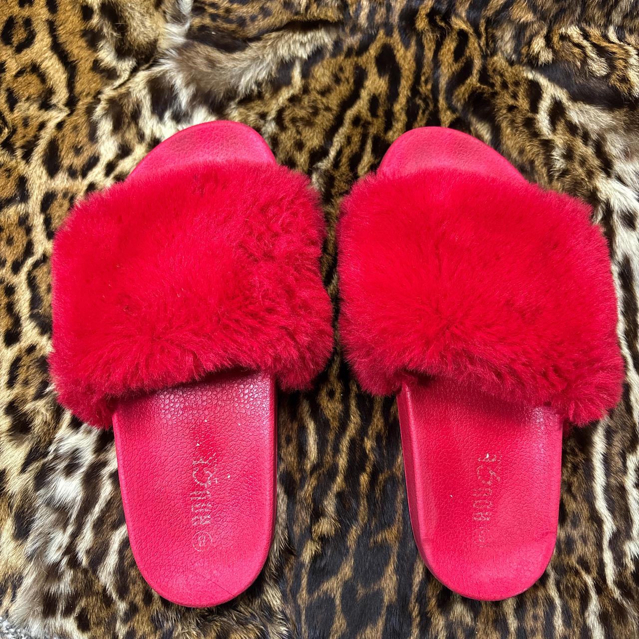 Women's Slides - Red - US 8 – Red faux fur slides… - image 1