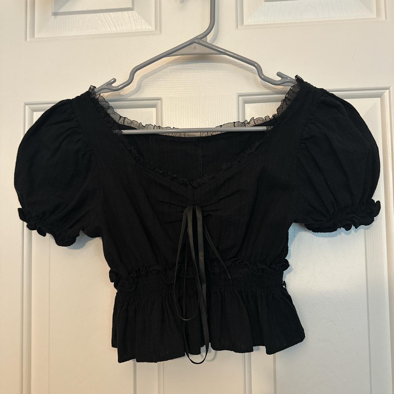 Black cropped puffy sleeve shirt with bow tagged... - Depop