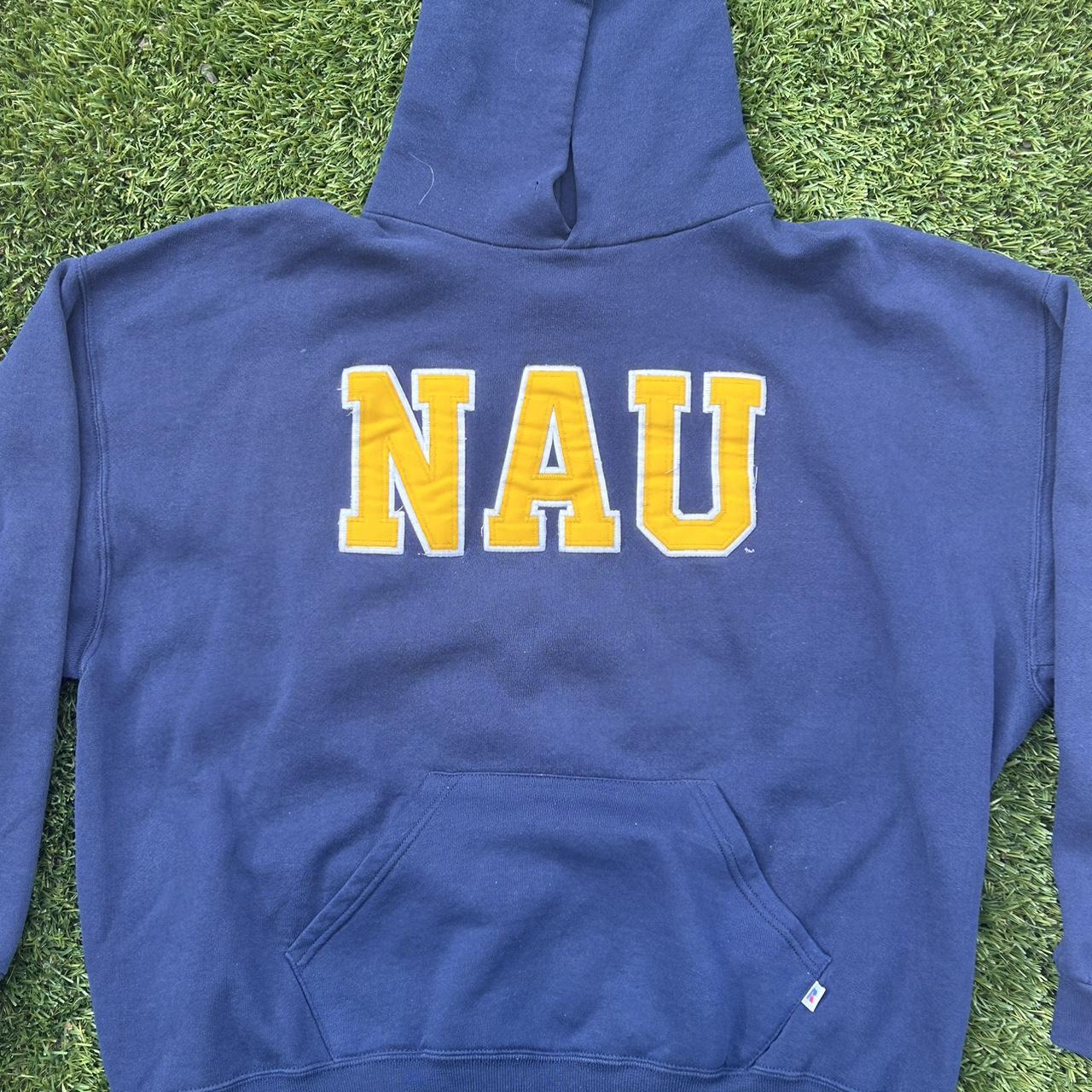 Russell Athletic Men's Navy and Yellow Hoodie | Depop