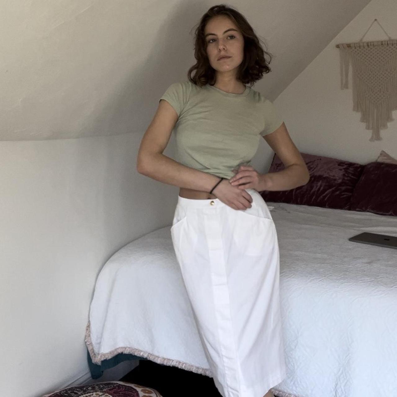 Vintage Ferragamo white midi skirt with front | Depop