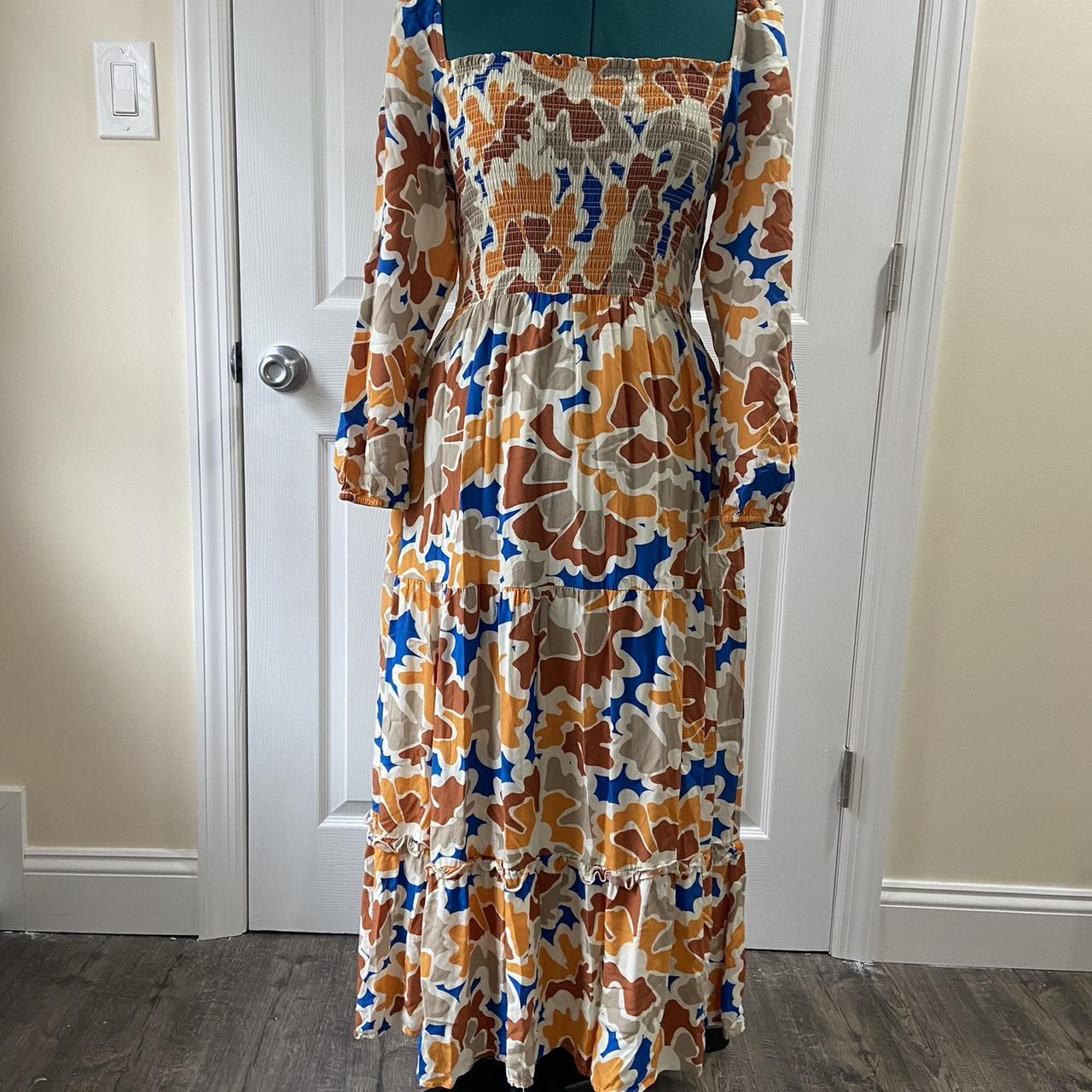 Anthropologie Women's Orange and Blue Dress | Depop