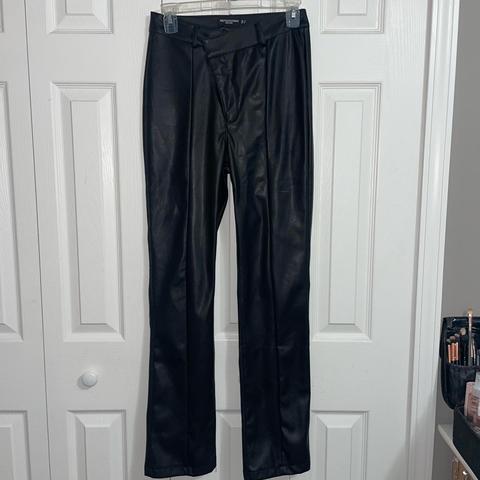 Petite black faux leather V front, straight leg - Depop