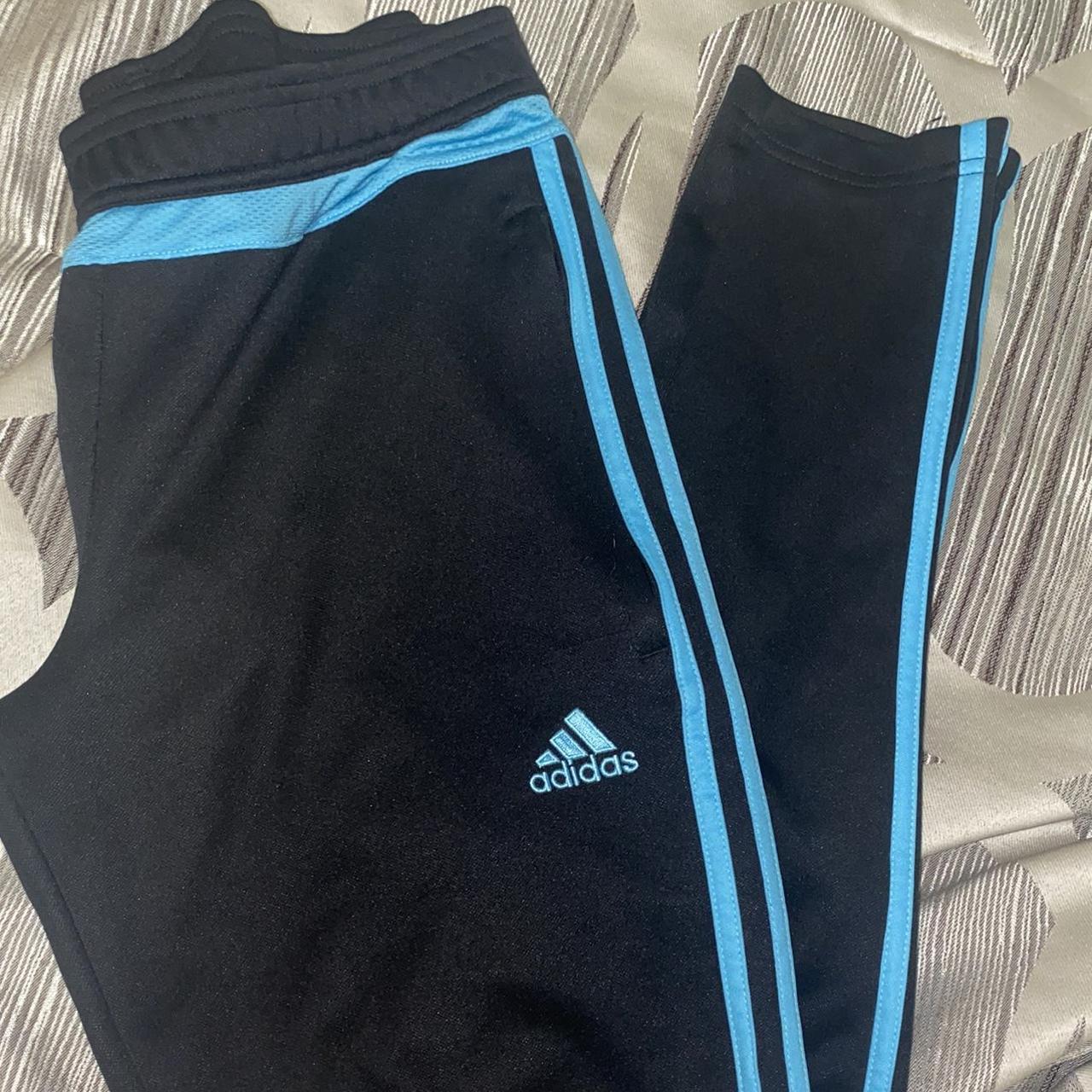 Black adidas pants cheap with blue stripes