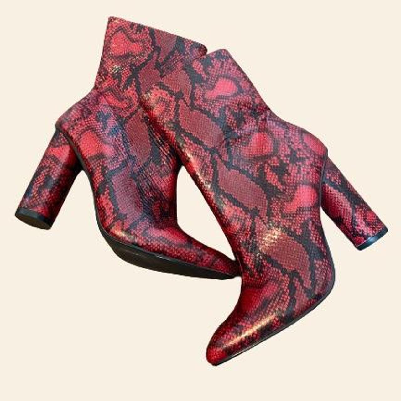 Fashion Nova Red Faux Snakeskin Ankle Block Heel... - Depop