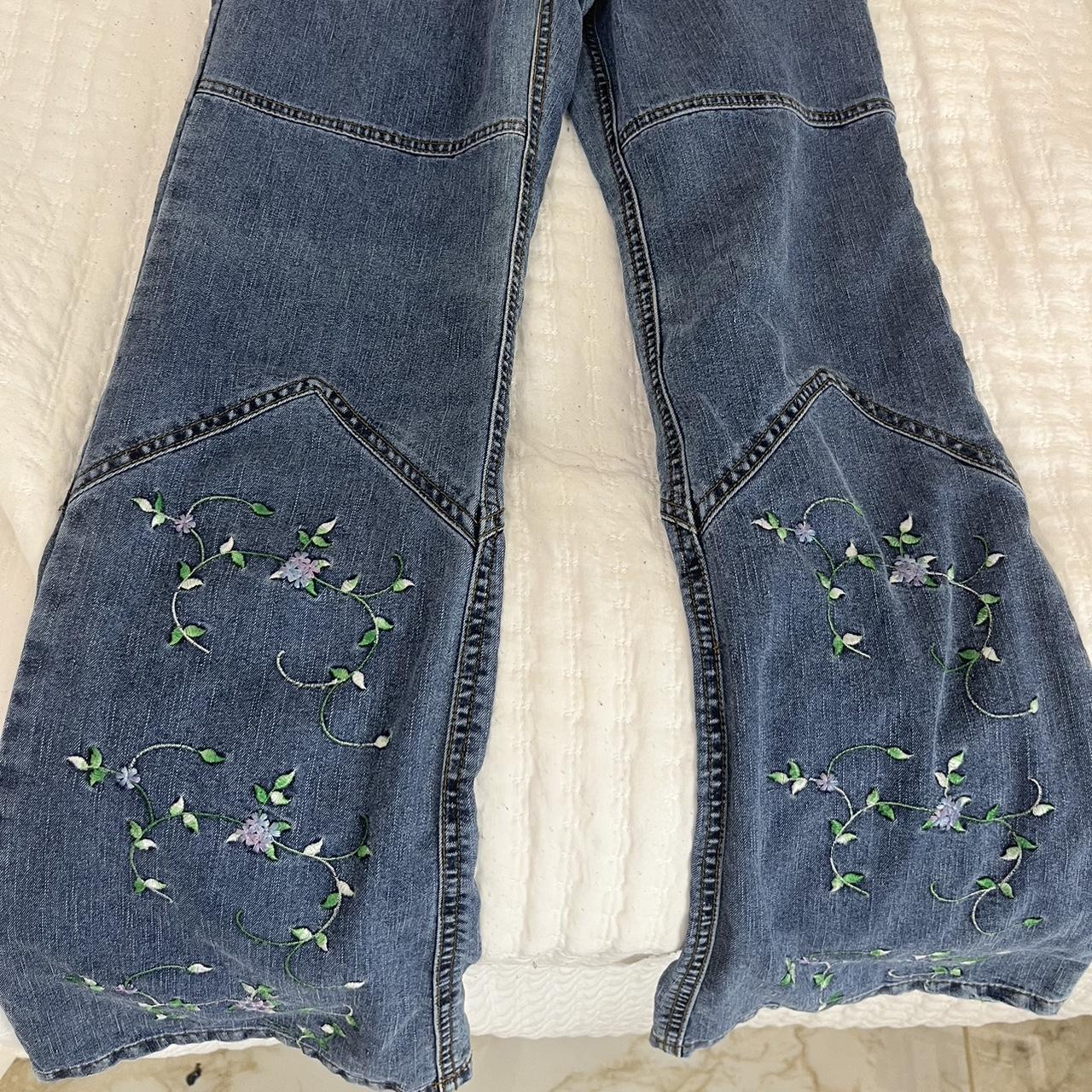 flower embroidered bell bottom jeans, these super... - Depop