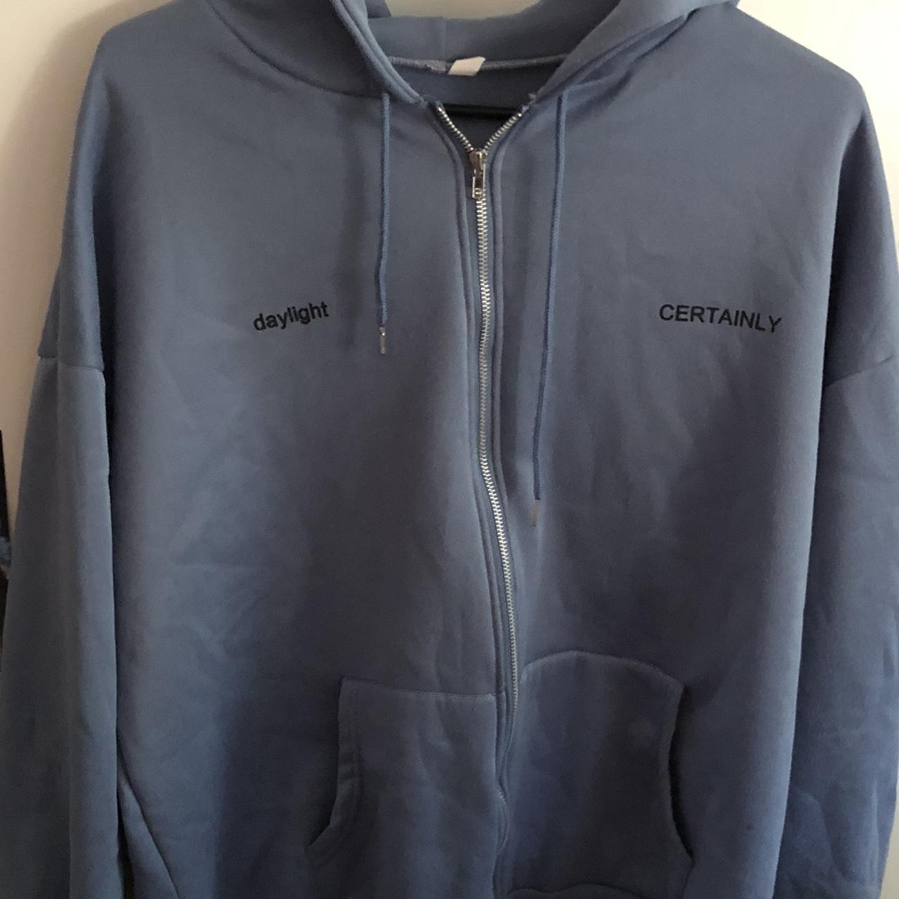 blue zip up hoodie ★ worn a couple times but in... - Depop