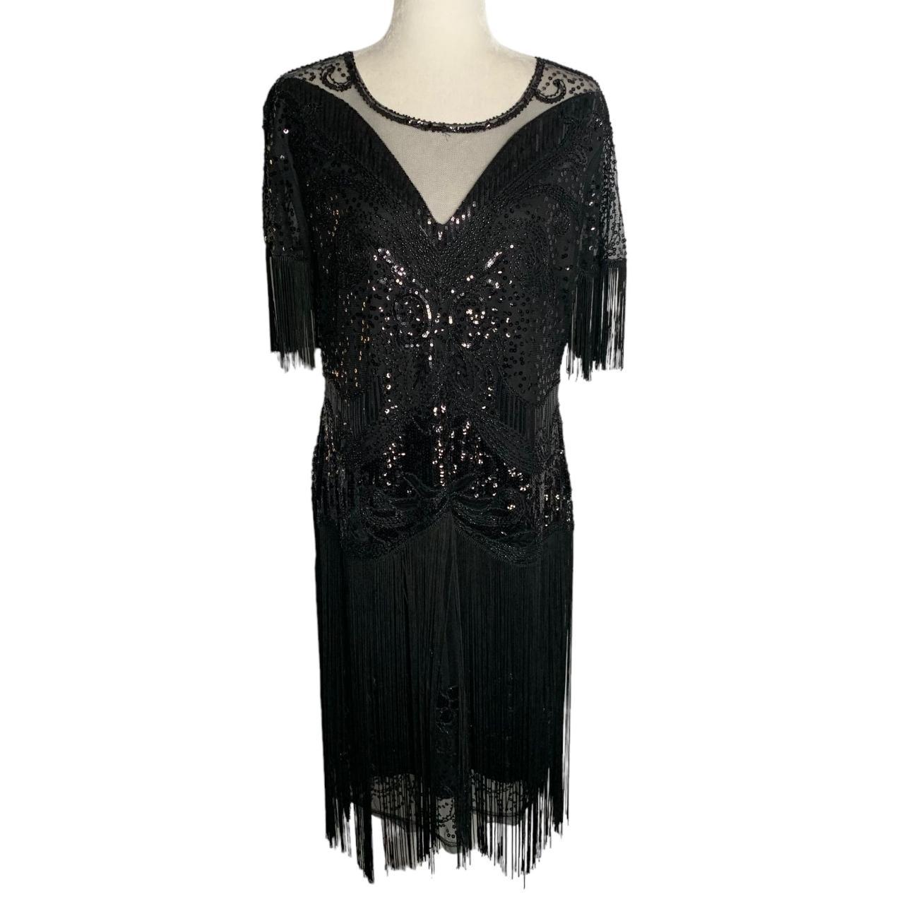 Sequin Fringe 20s Flapper Cocktail Dress 16 Black... - Depop