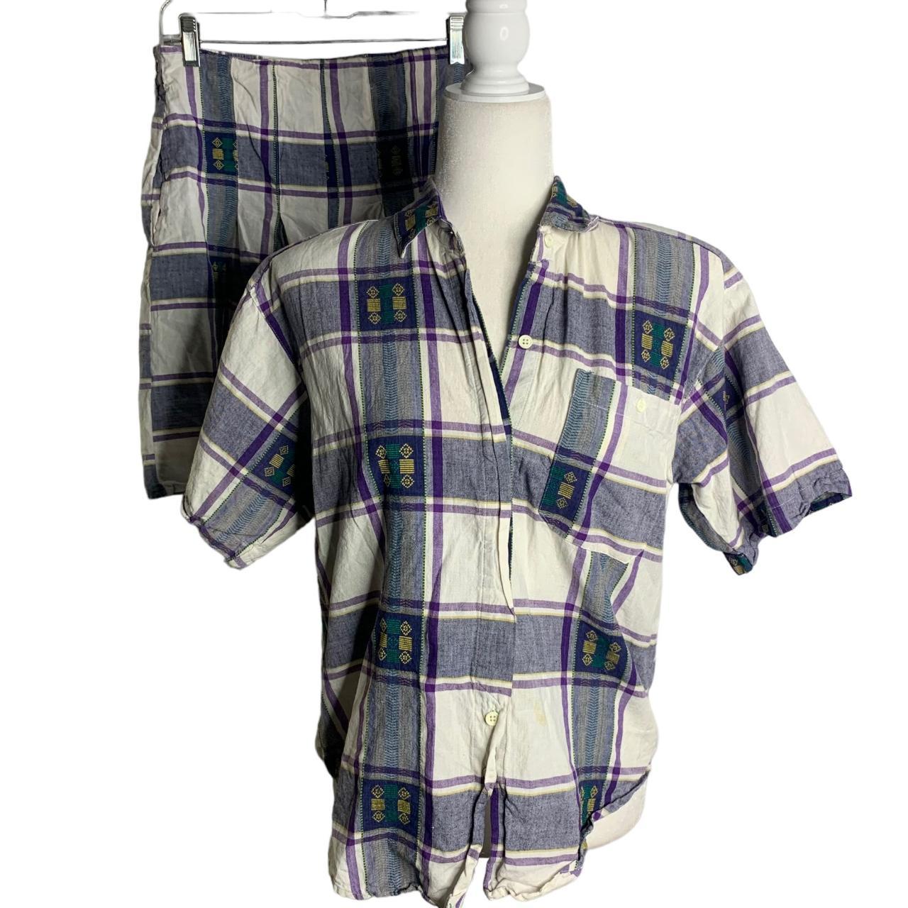 Vintage Button Up Shirt Shorts Set M Purple Plaid... - Depop