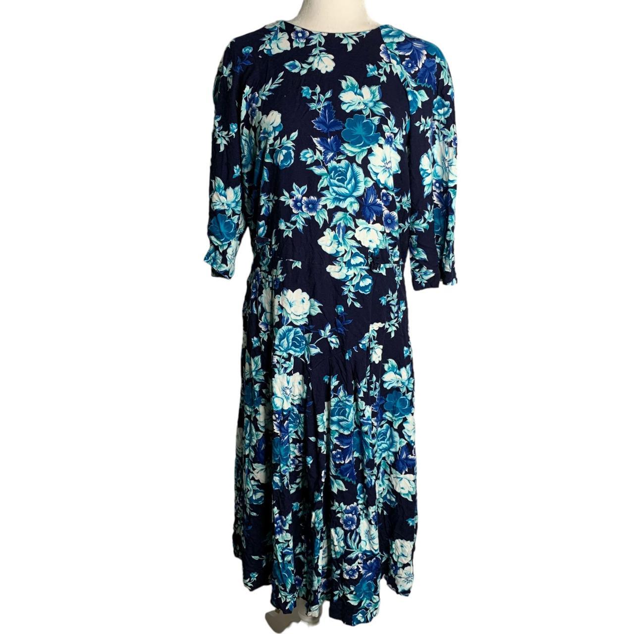 Vintage 80s Betsys Things Midi Dress 16 Blue Floral... - Depop