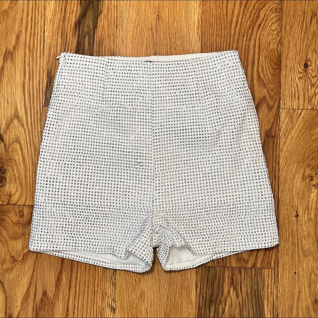 White Fitted High Waisted Shorts, Rhinestone... - Depop