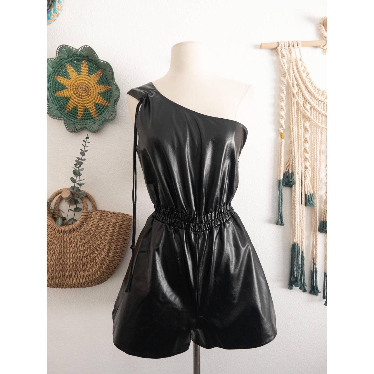 Black Pleather One Shoulder Romper