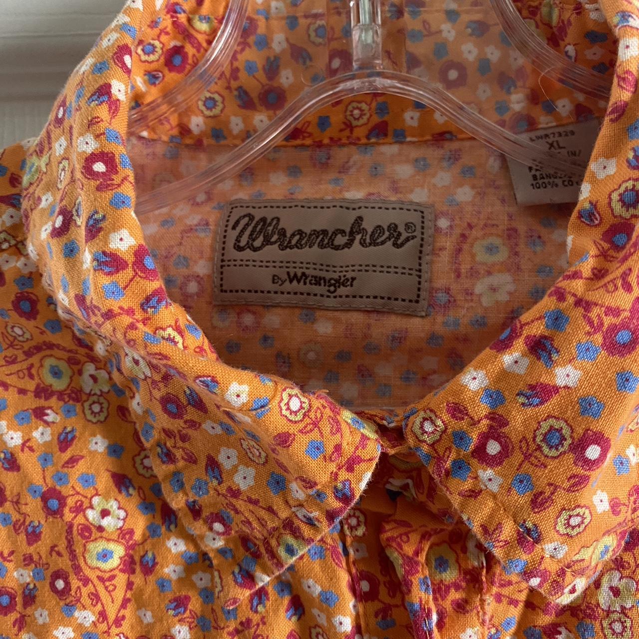 vintage wrancher by wrangler orange floral button... - Depop