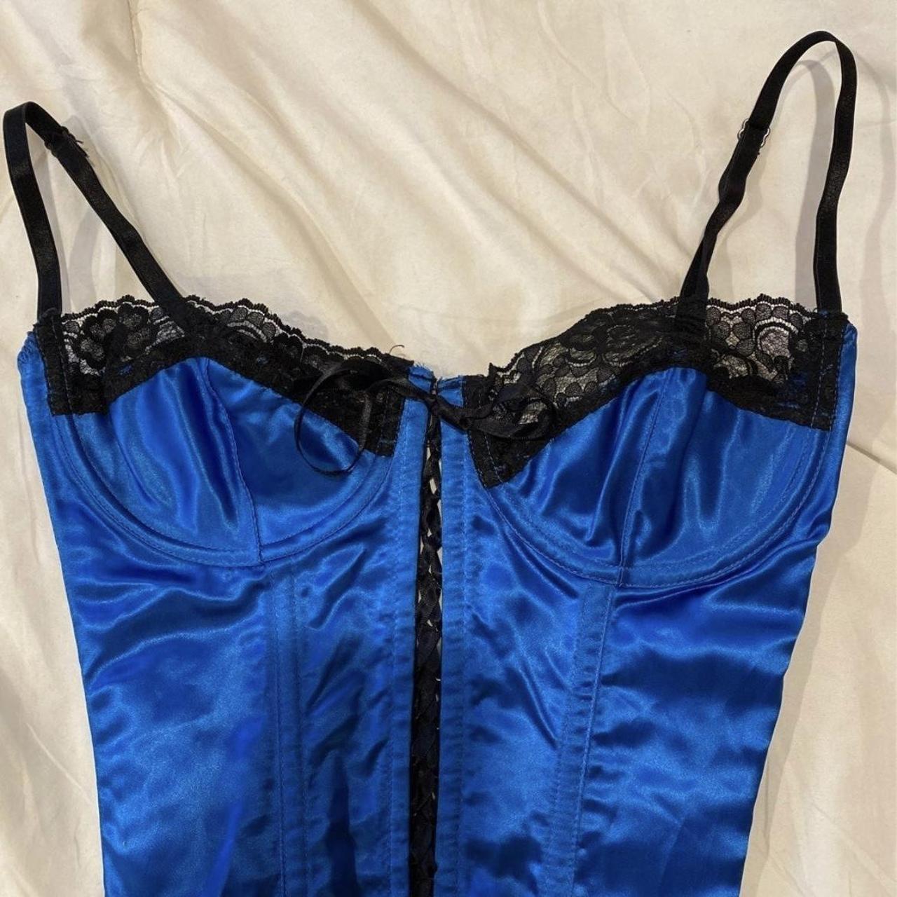 Blue Satin Corset Black Lace Detailing Size 36 Depop 2690