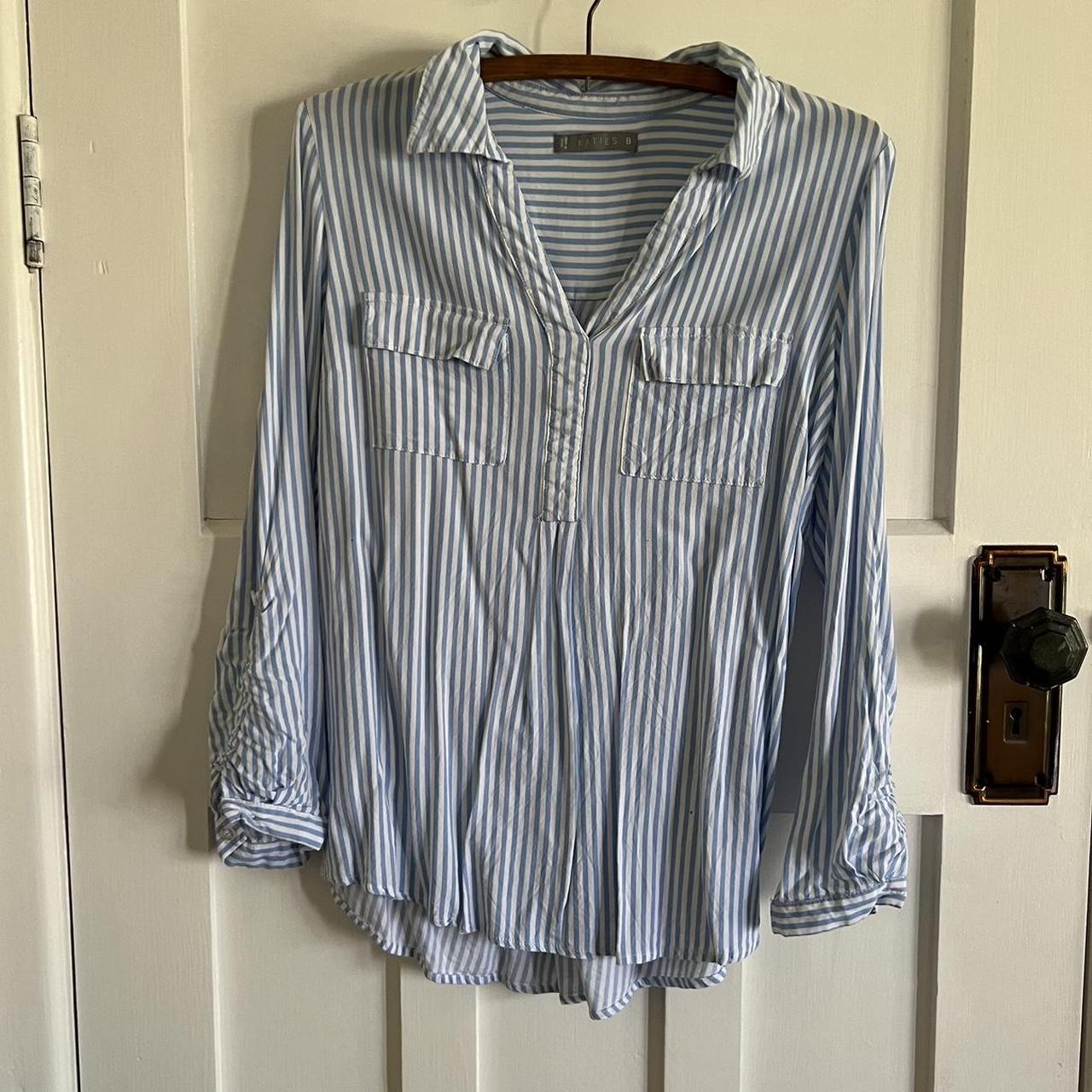 Katies blue and white stripe collared top Size:... - Depop