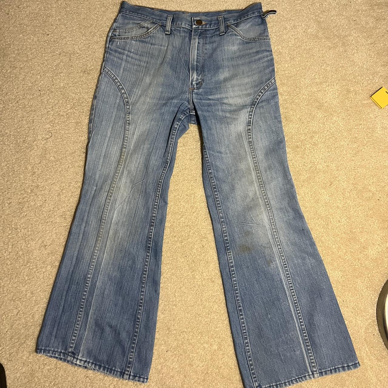 vintage low rise very flared light wash wranglers... - Depop