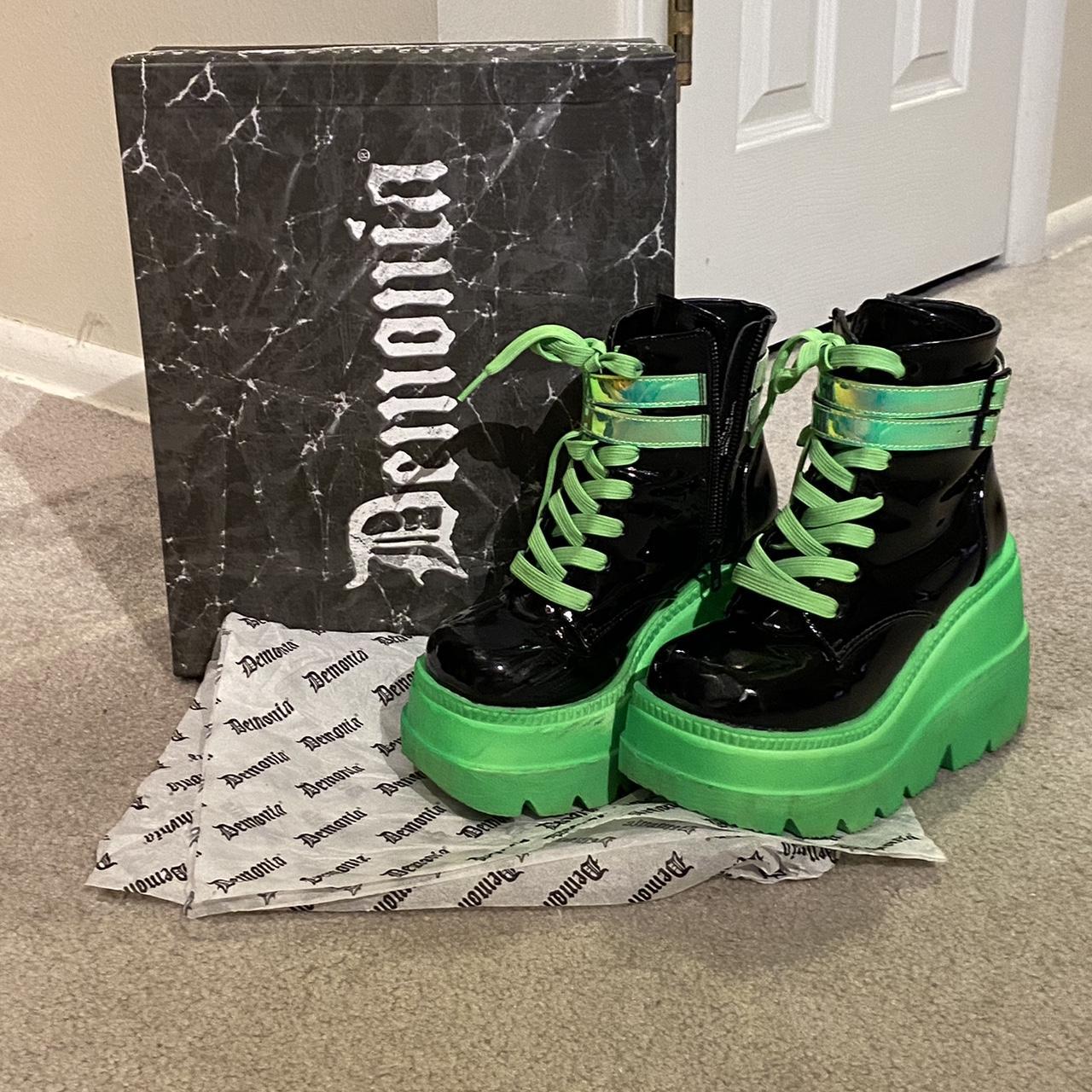 Demonia Women's Green and Black Boots | Depop