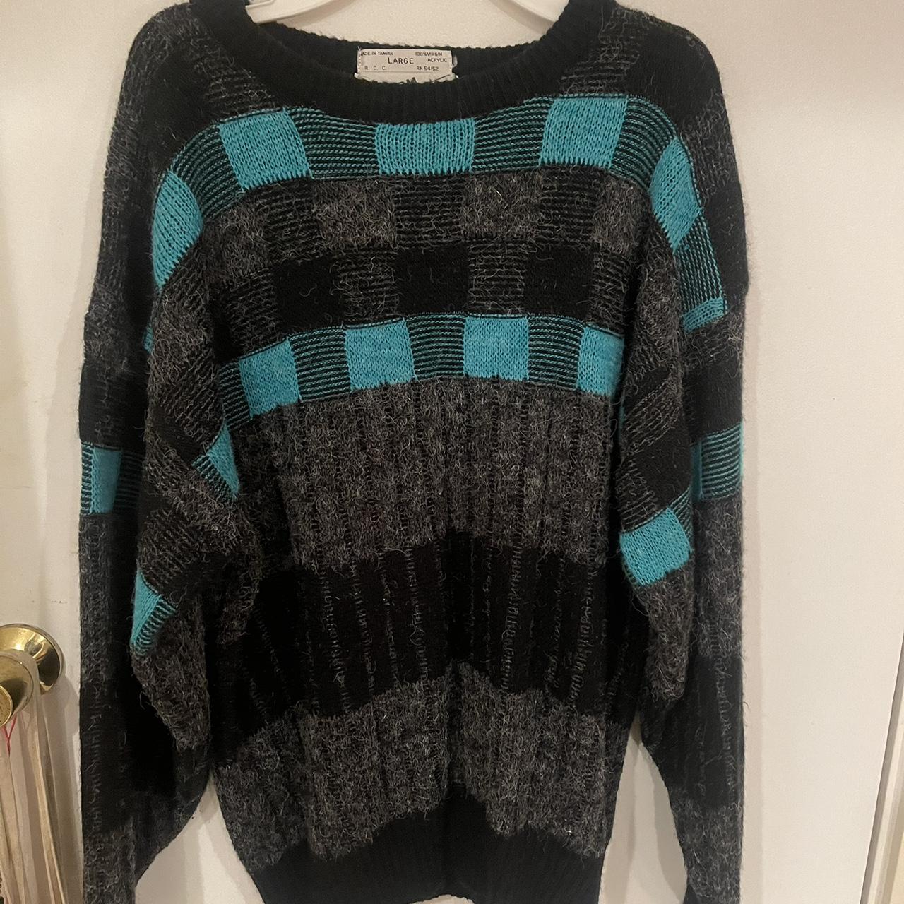 gray, black, and blue vintage sweater men size... - Depop