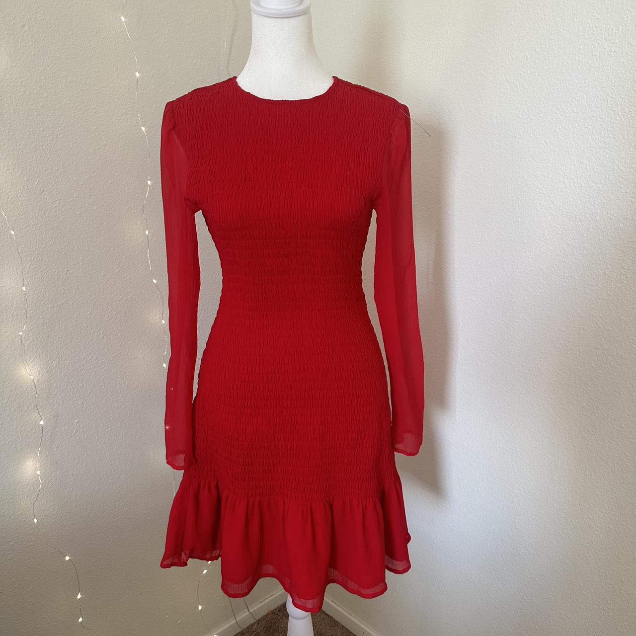 Red frilly dress with sheer sleeves Has stretch. Depop