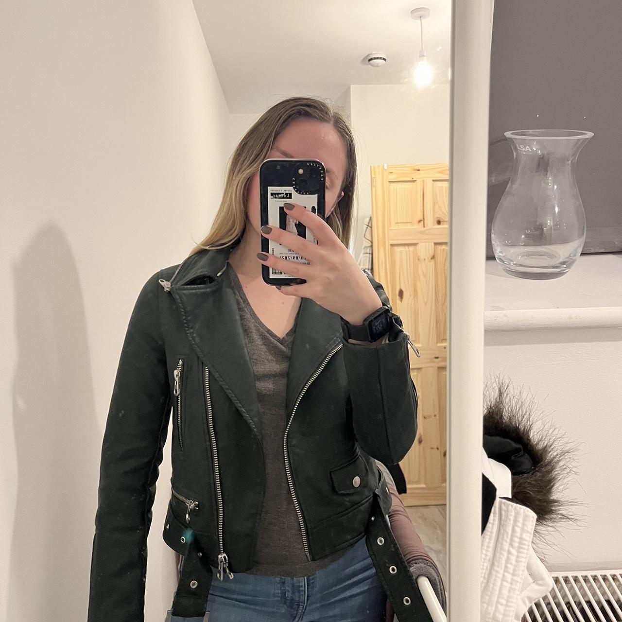 Dark green leather biker jacket. Zara. Great... - Depop