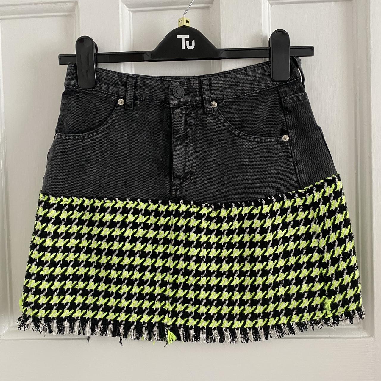 BERSHKA neon green/denim mini skirt Size Small (UK... Depop