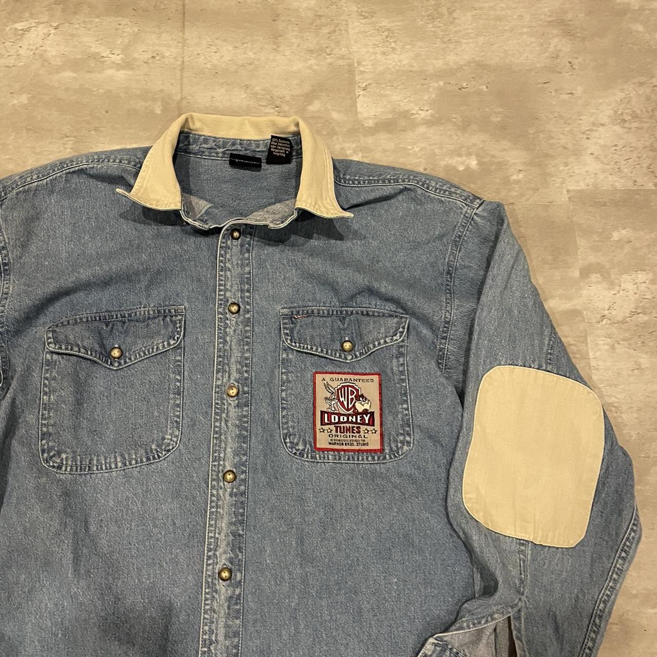 vintage looney tunes denim button up shirt size... - Depop