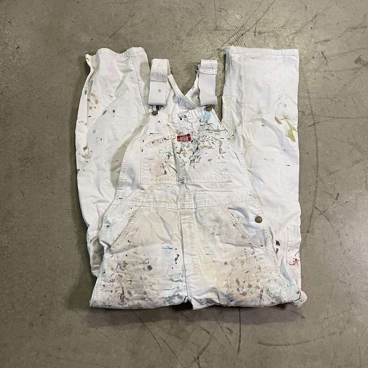 vintage paint splatter white dickies overalls size... Depop