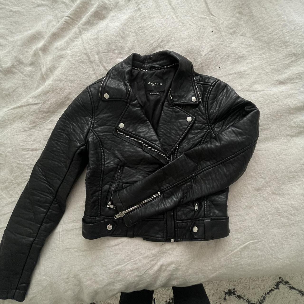 obey leather jacket - obey propaganda faux leather... - Depop