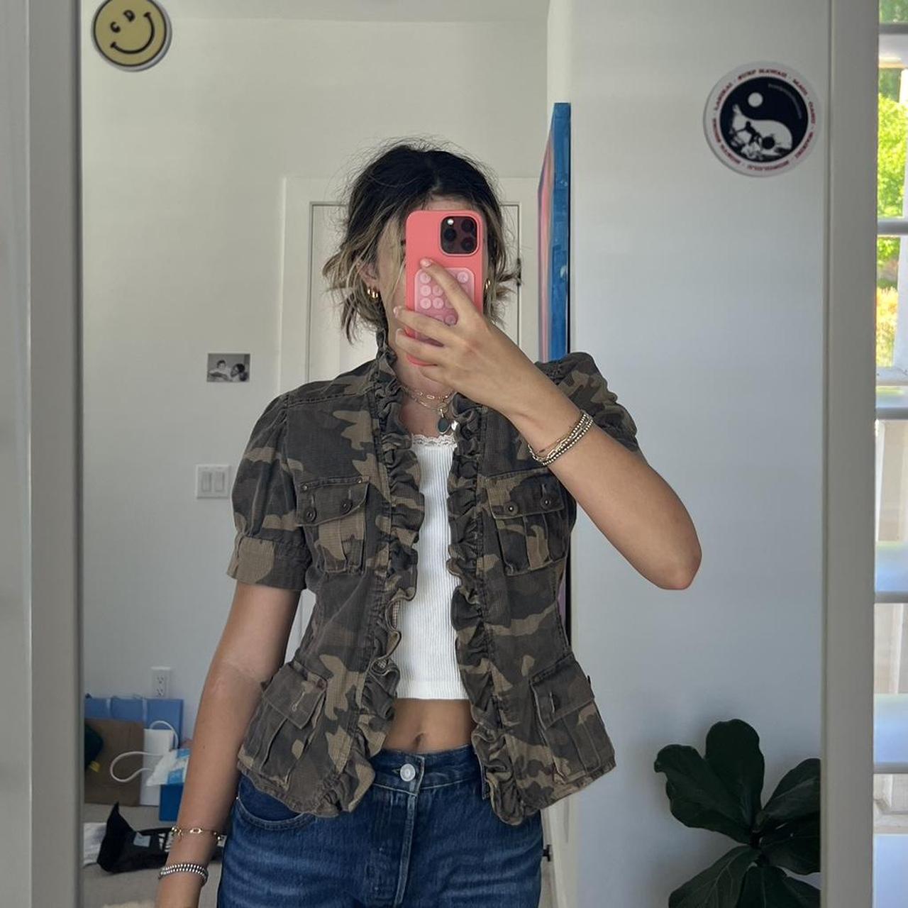 cutest y2k camo jacket with ruffle hem and puff. Depop