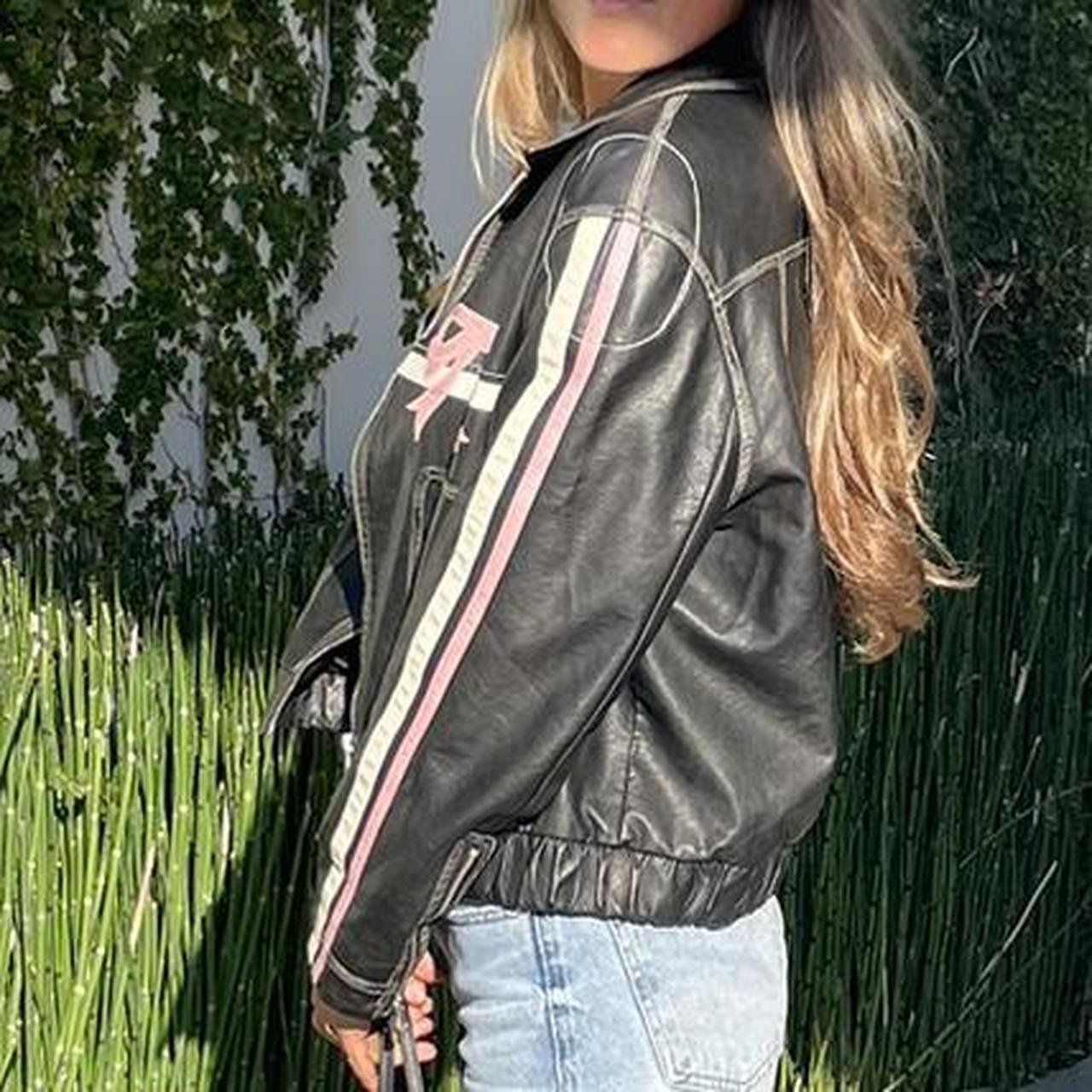 Pink Bow Black leather jacket! accidentally bought... - Depop