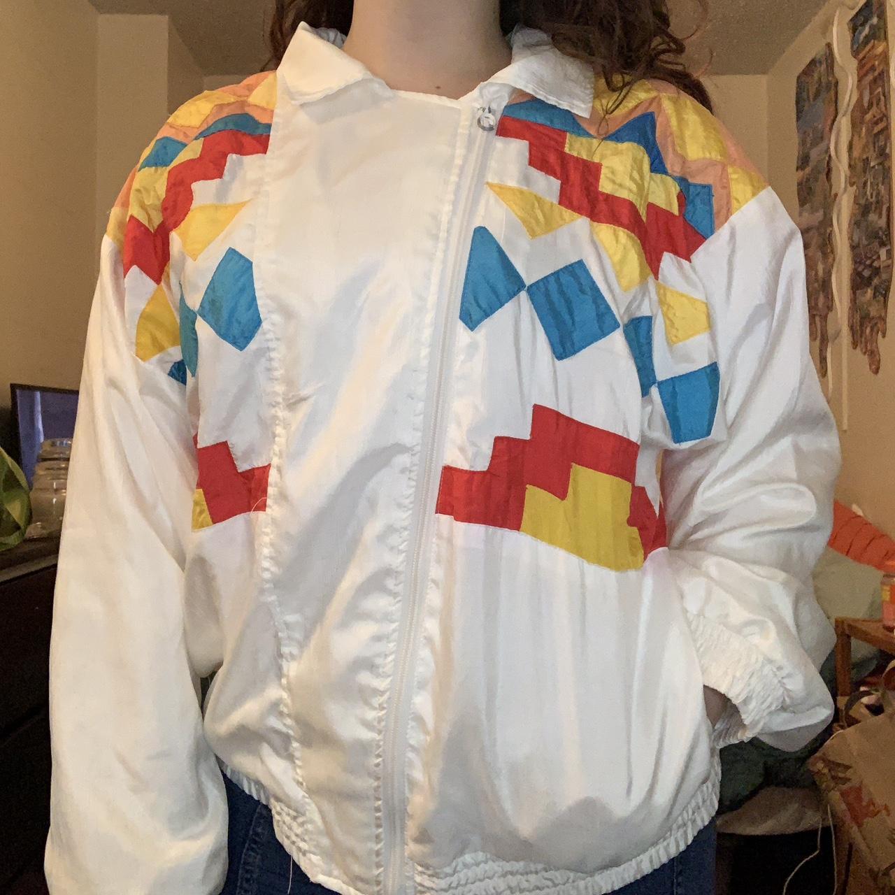 1980s 1990s Aztec print colorful white windbreaker...