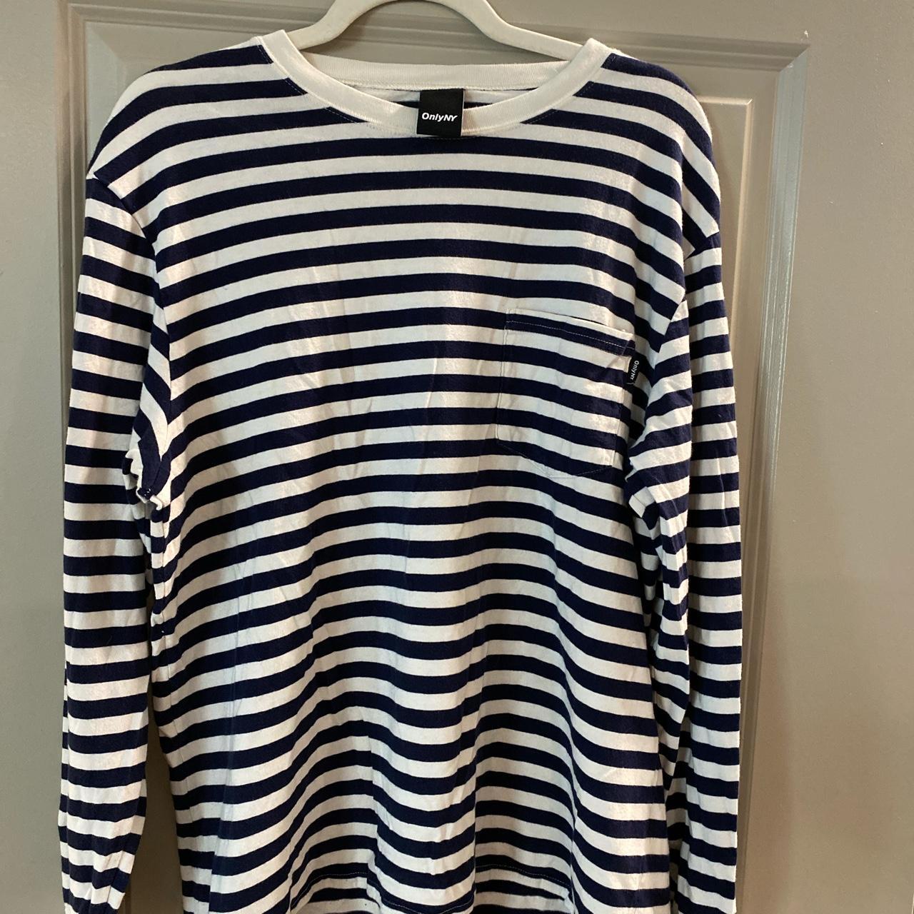 Navy and white striped long sleeve Soho graphic tee - Depop
