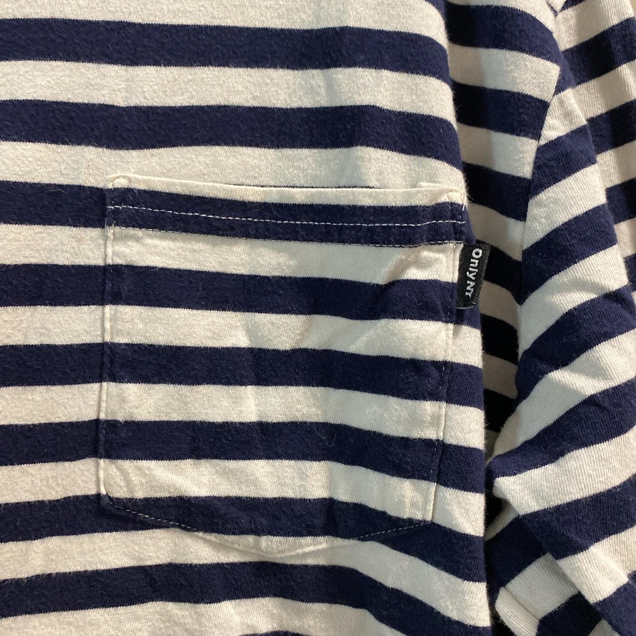 Navy and white striped long sleeve Soho graphic tee - Depop