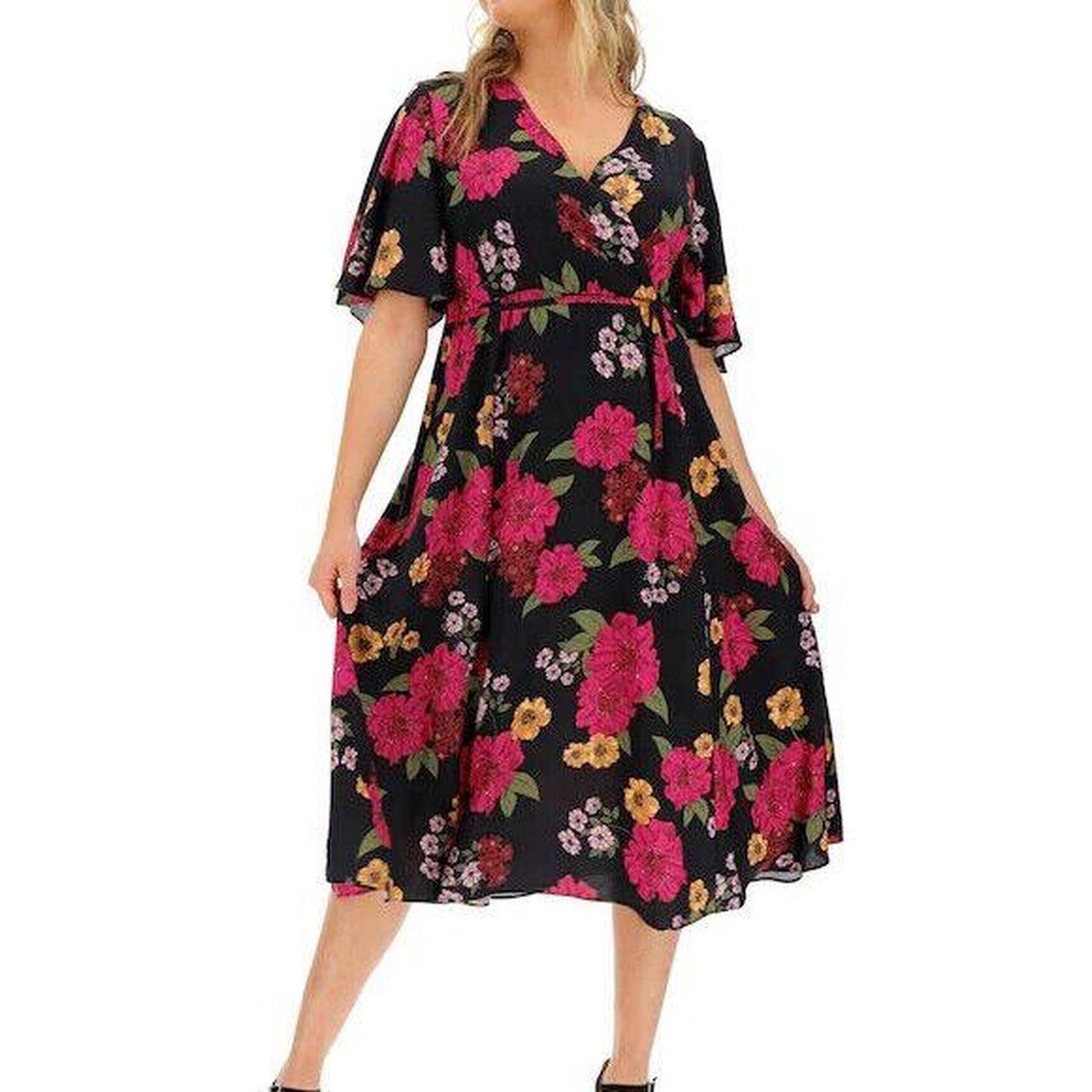 Simply Be Black Floral Midi Wrap Skater Dress UK 24... - Depop