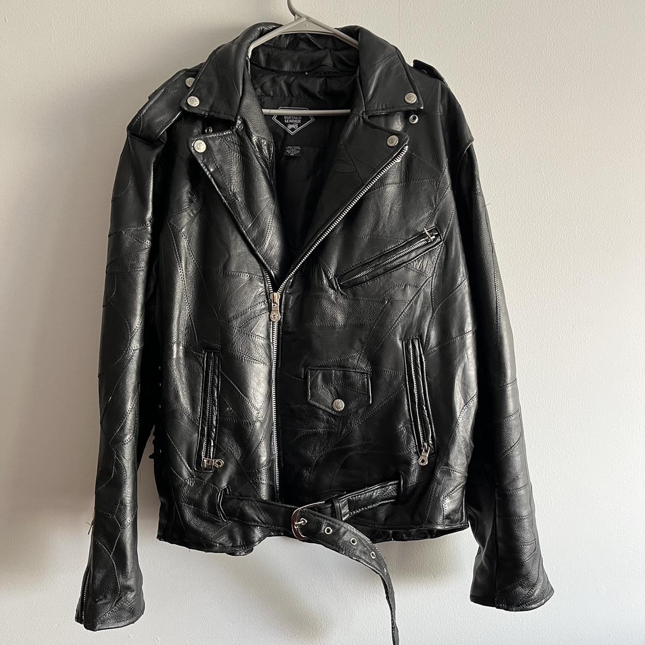 1990s Diamond Plate Buffalo Leather patchwork jacket... - Depop
