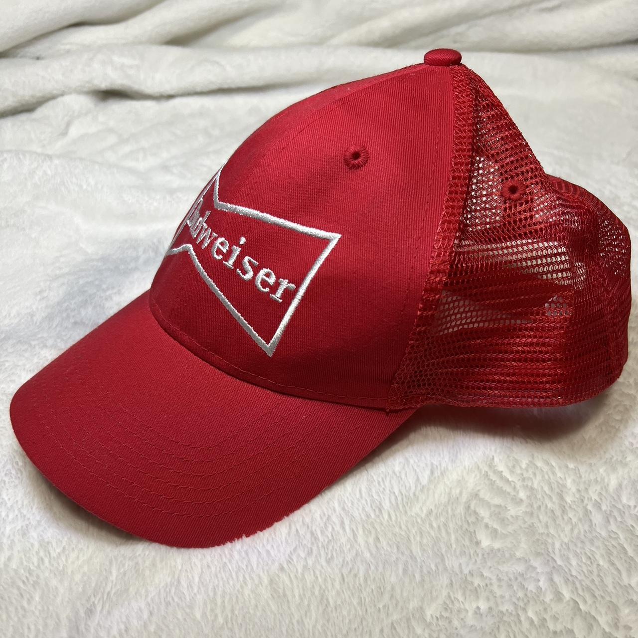 Budweiser Women's Red and White Hat Depop