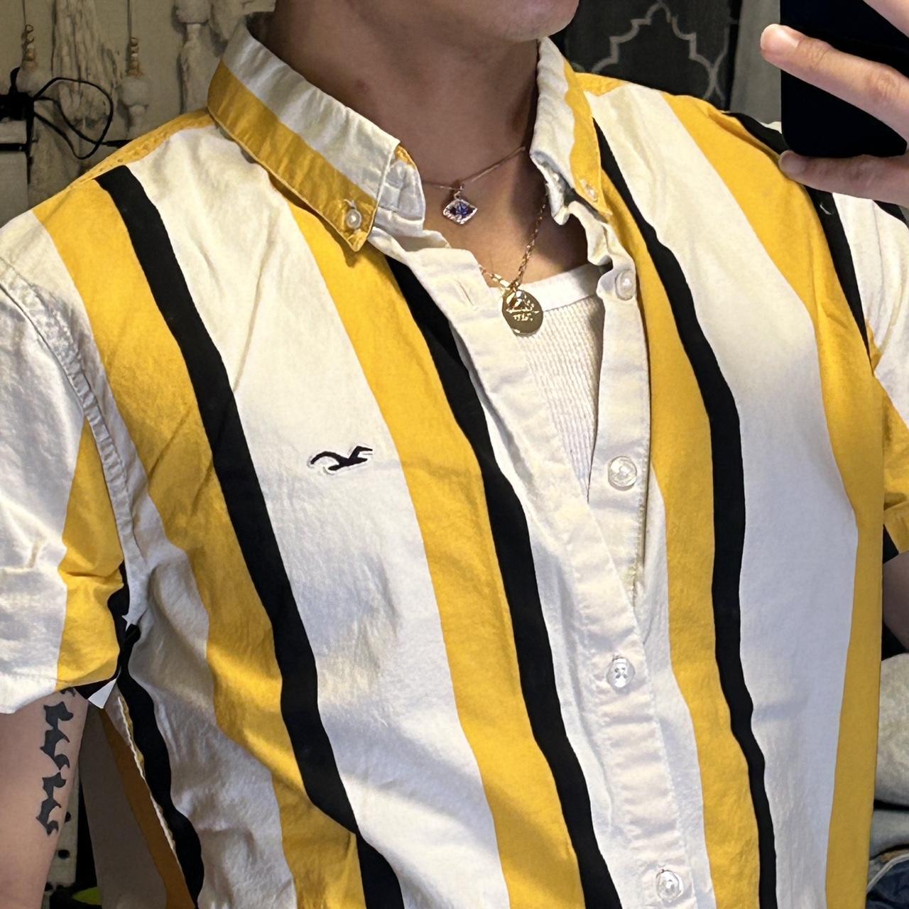 Hollister Blue, Yellow and White Striped Button Up - Depop