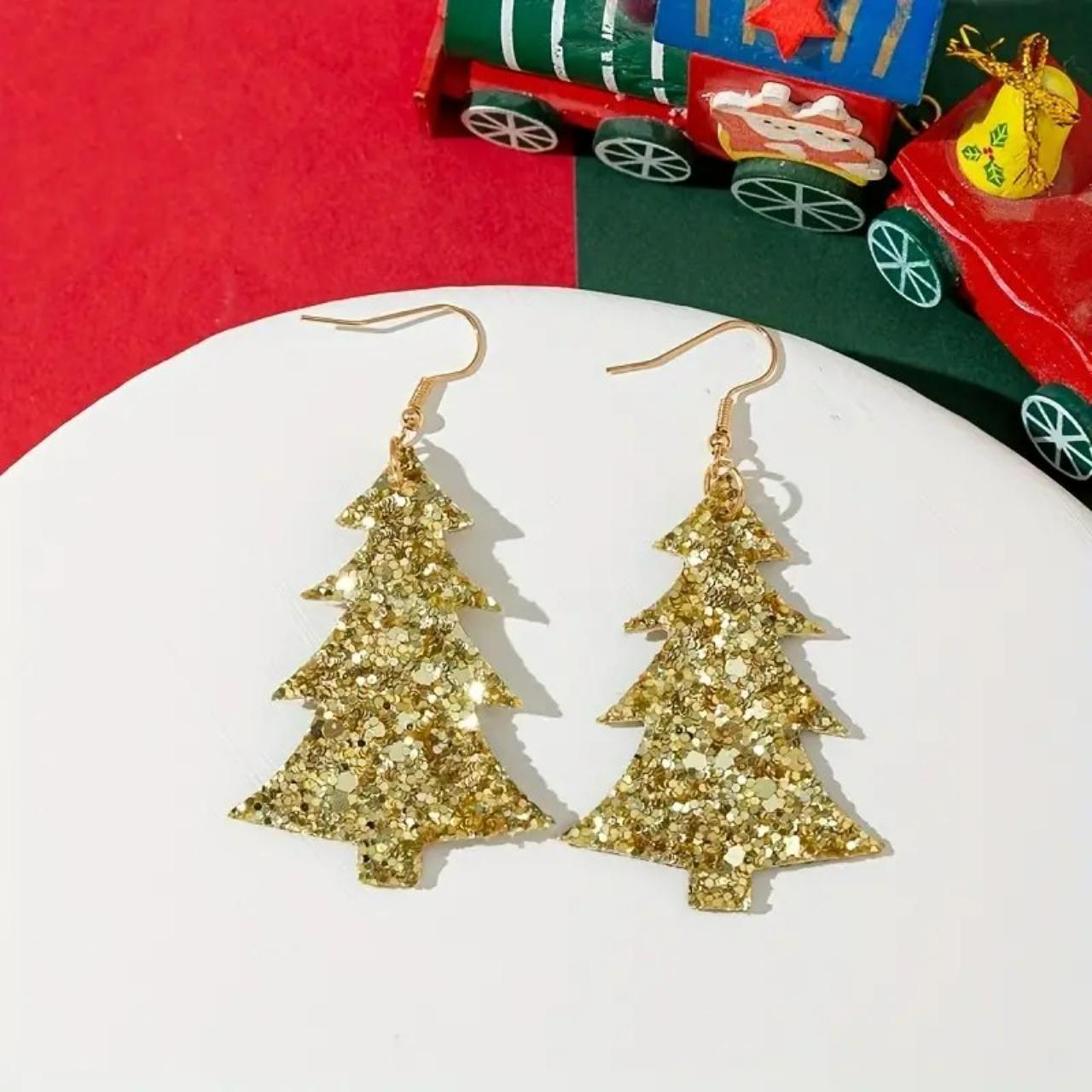 NEW- Glitter Gold Christmas Tree Dangle Earrings PU... - Depop