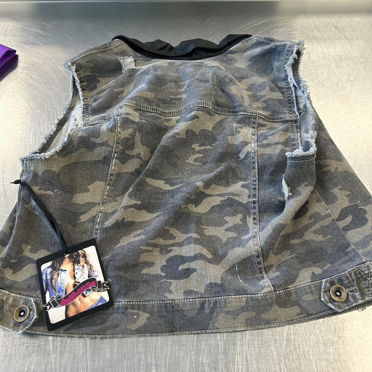 Military patterned vest with black leather... Depop