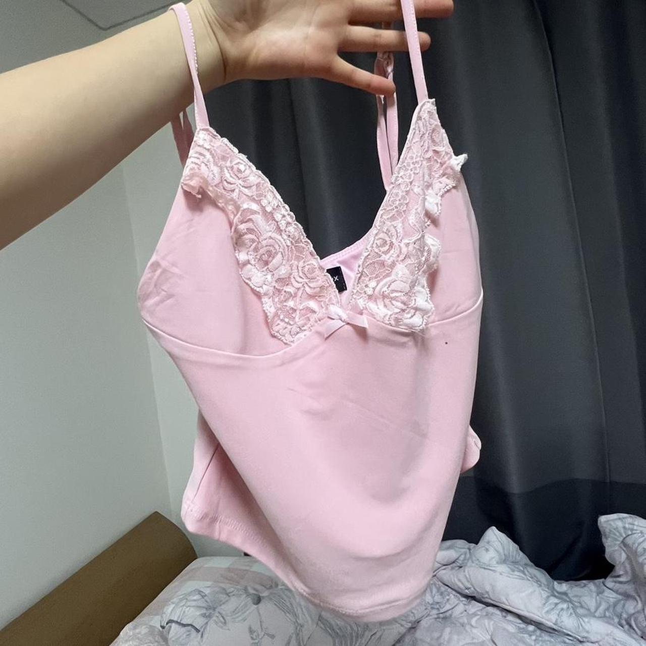 White Fox Infatuation Cami Baby Pink Lace bow cami... - Depop