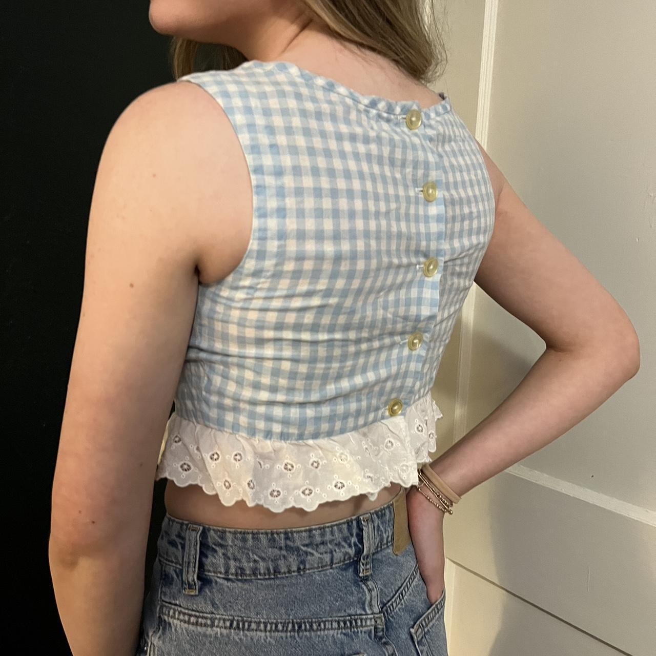 vintage baby blue gingham top with lace ruffle trim.... - Depop