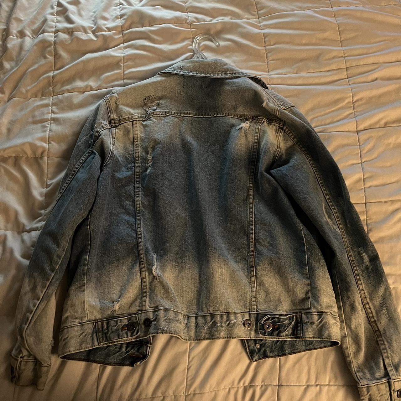 distressed jean jacket with yellow stripes like... - Depop
