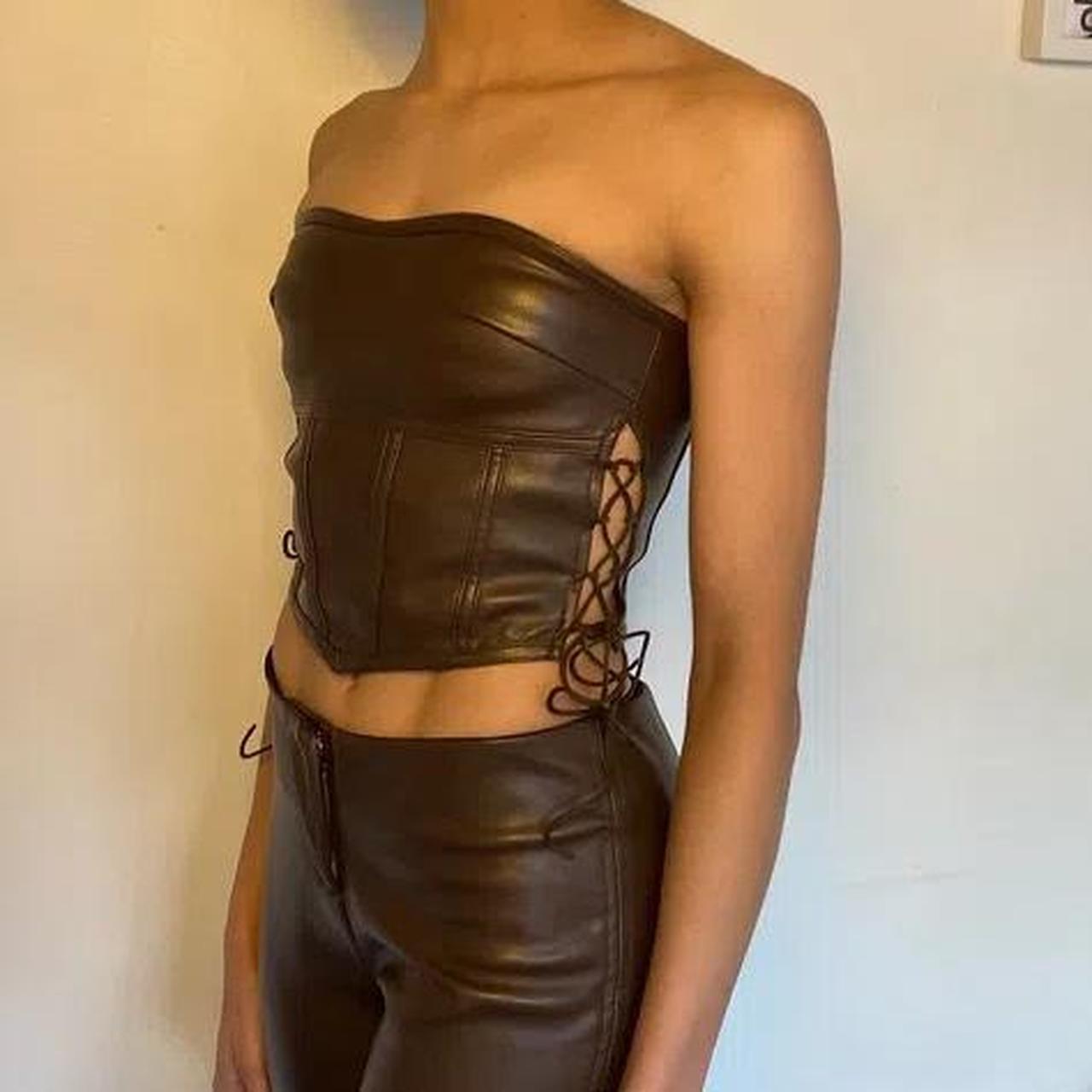 Brown Faux Leather Corset with back tie and front - Depop