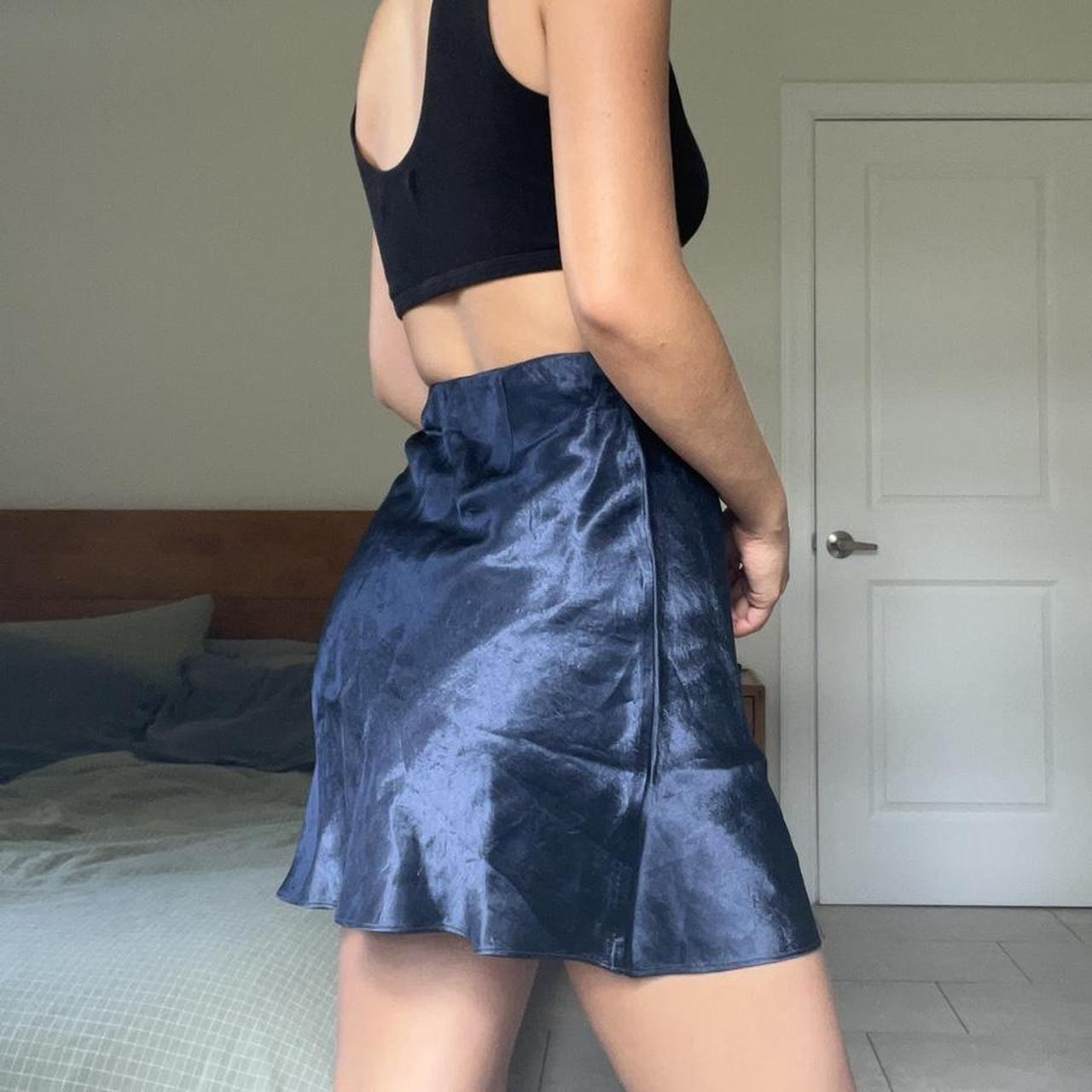 aritzia babaton mini slip skirt in navy satin NEVER